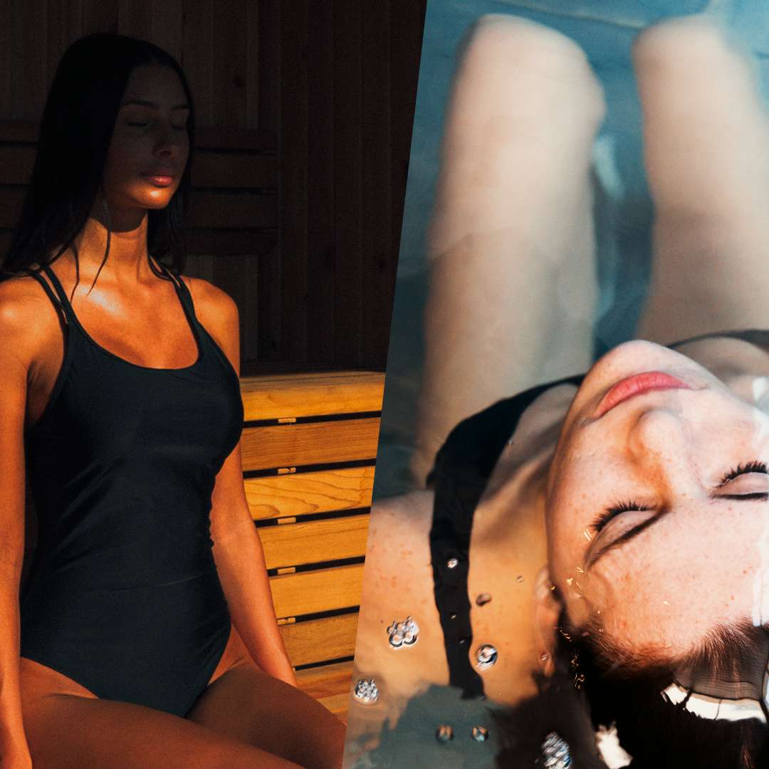 Woman experiencing sauna heat therapy and cold plunge immersion for seasonal depression relief, demonstrating contrast therapy benefits for mental health during North American winters.