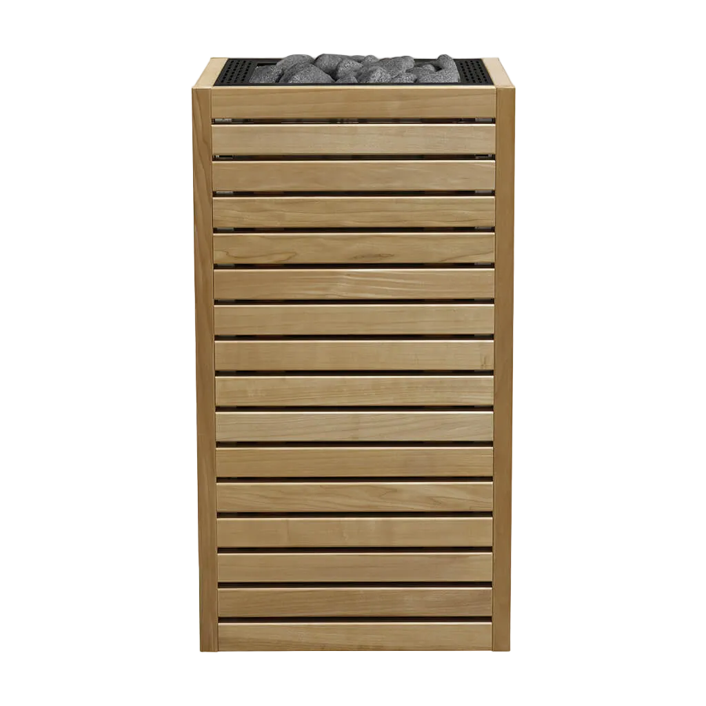 Wooden planter with slatted design on a white background