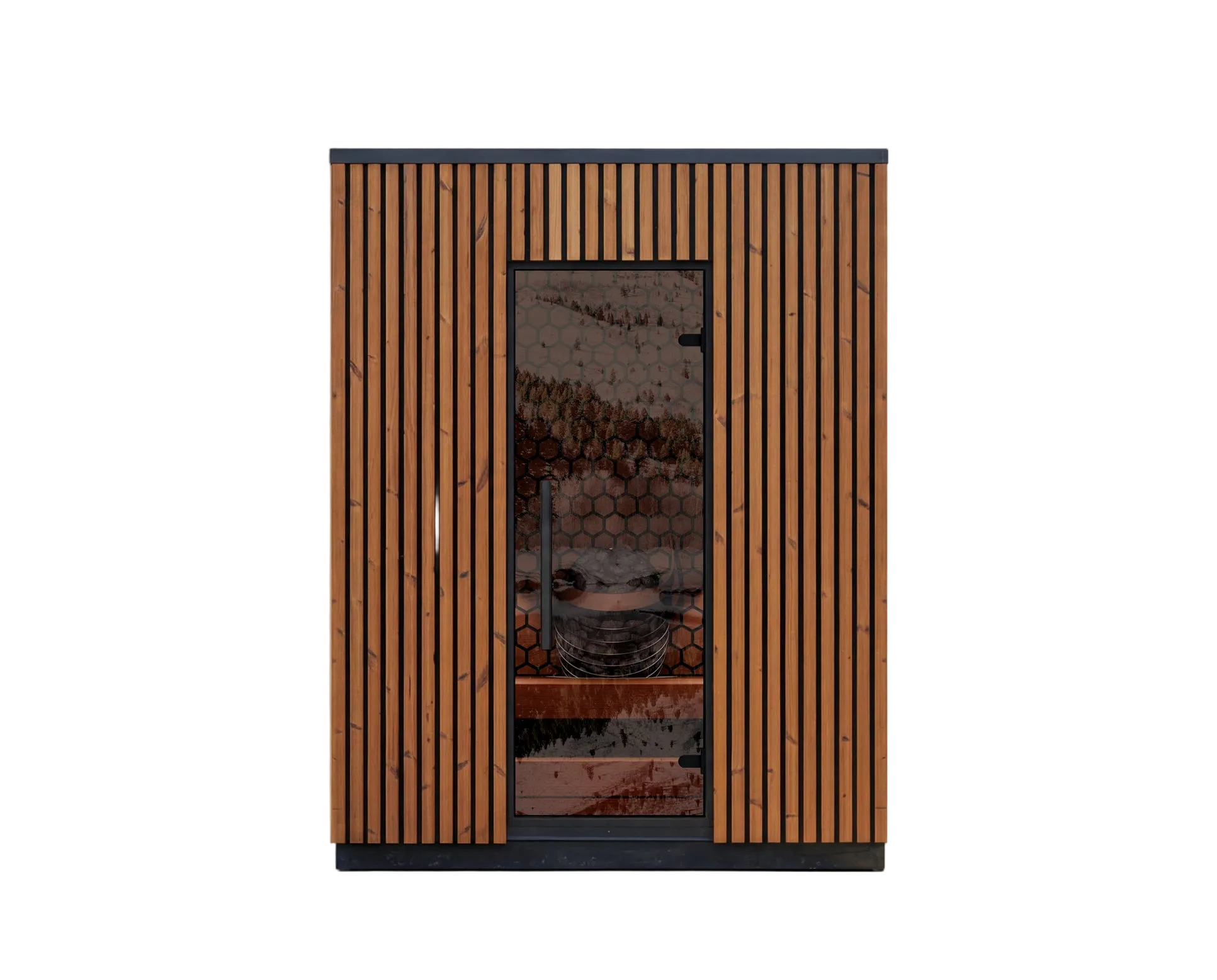 Wooden sauna with glass door on a white background