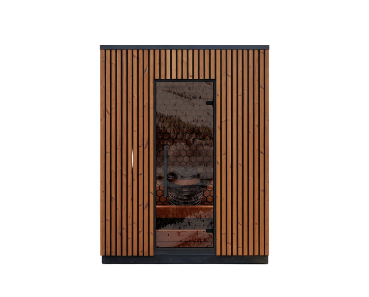 Wooden sauna with glass door on a white background