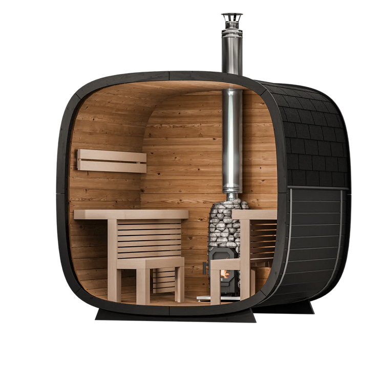 Wooden sauna with black exterior and interior wooden benches on a white background