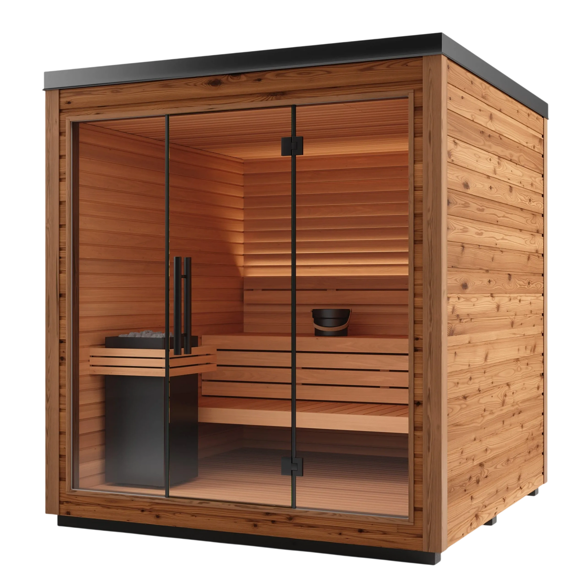 Wooden sauna with glass doors on a white background