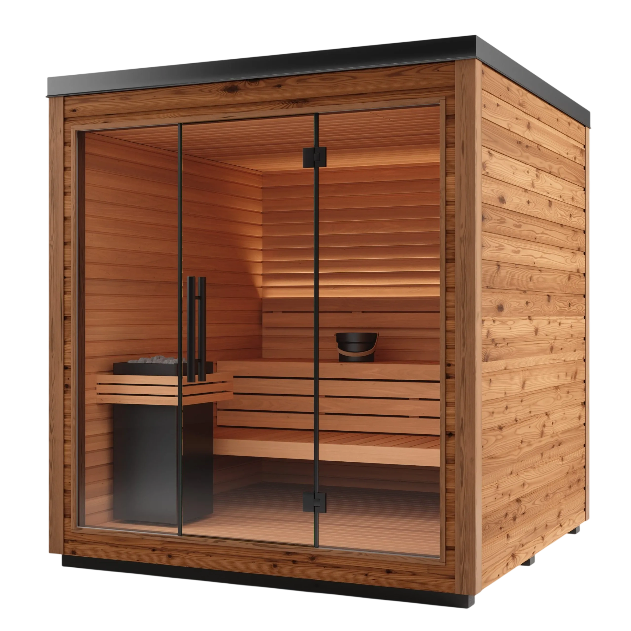Wooden sauna with glass doors on a white background