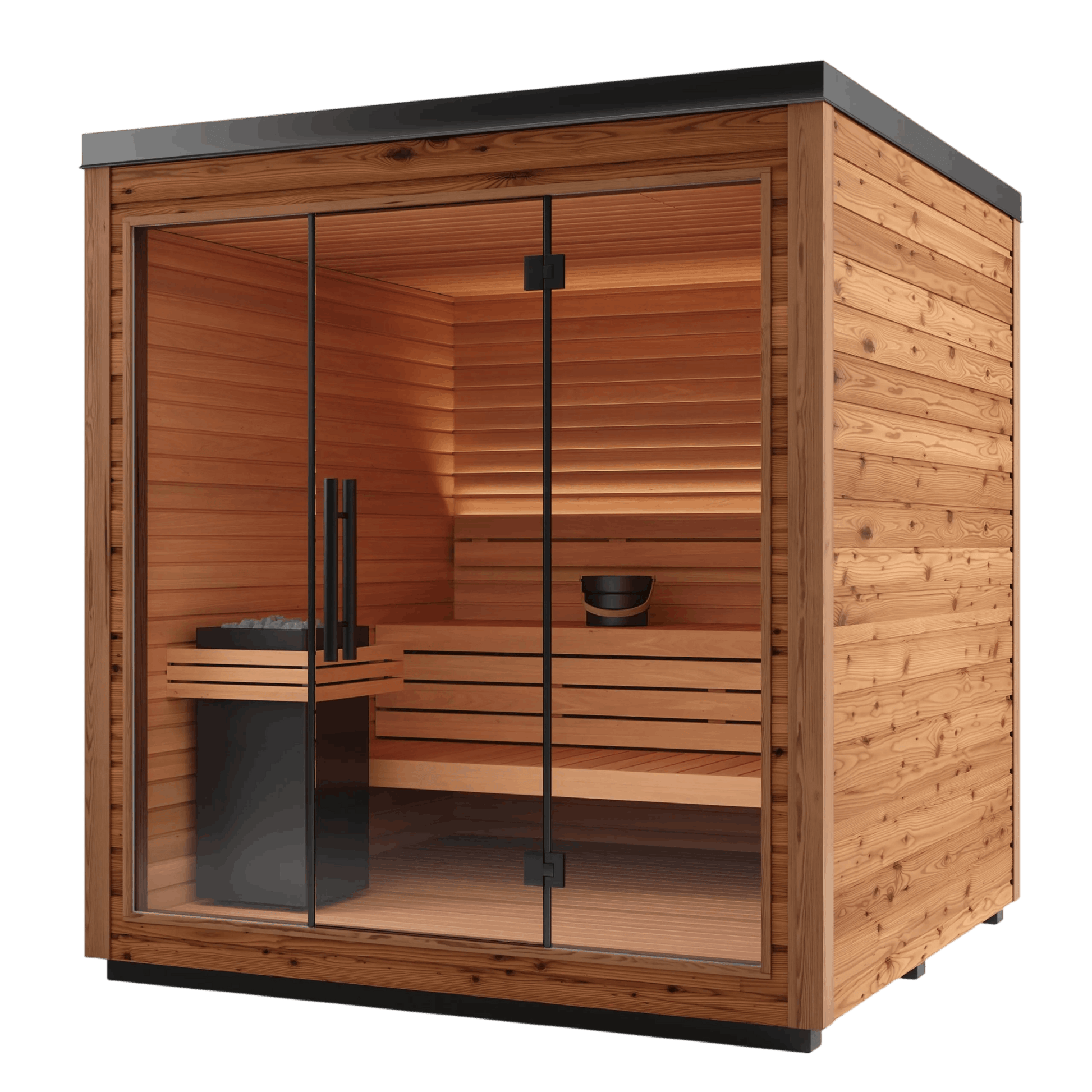 Wooden sauna with glass door on a white background