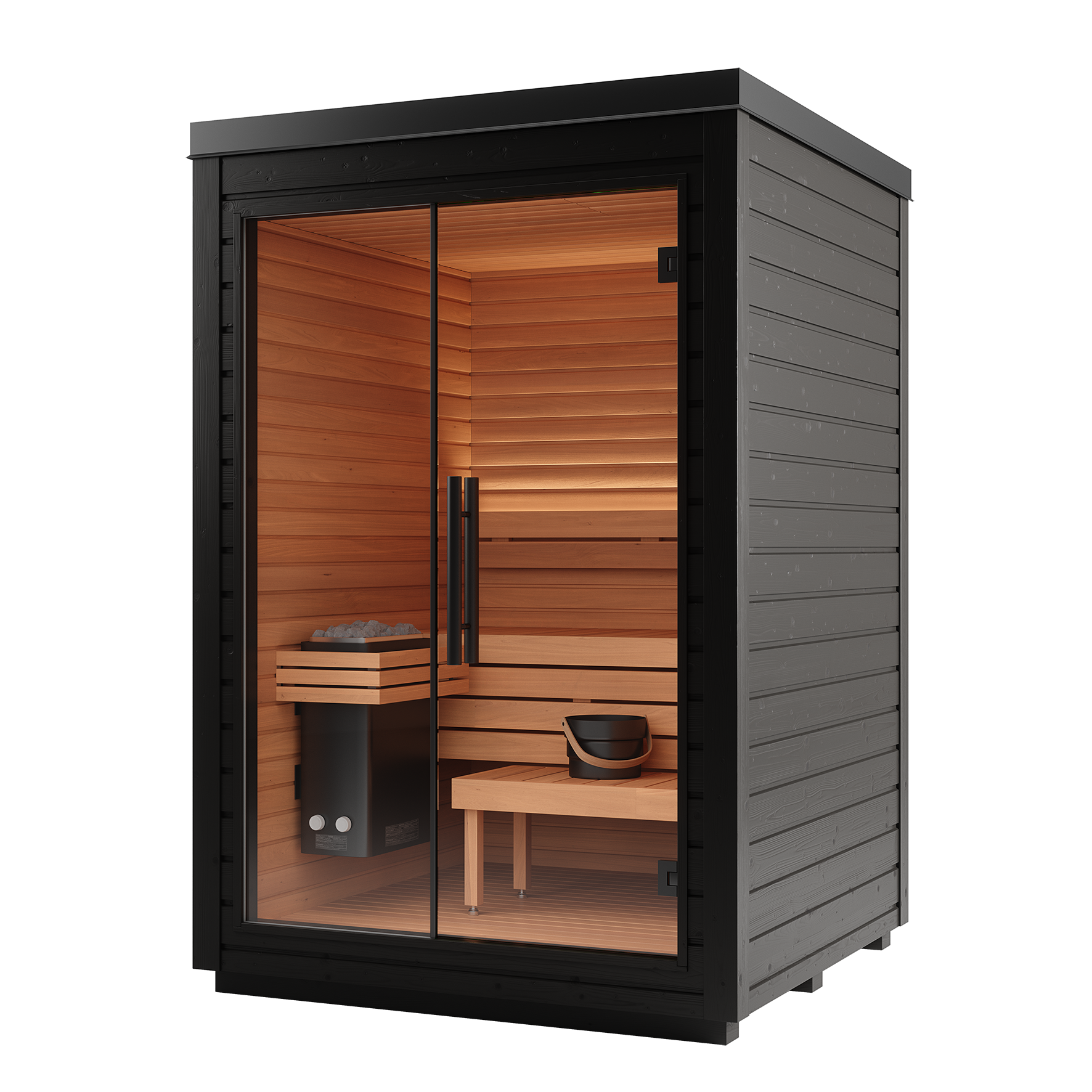 Infrared sauna with wooden interior and black exterior on a white background