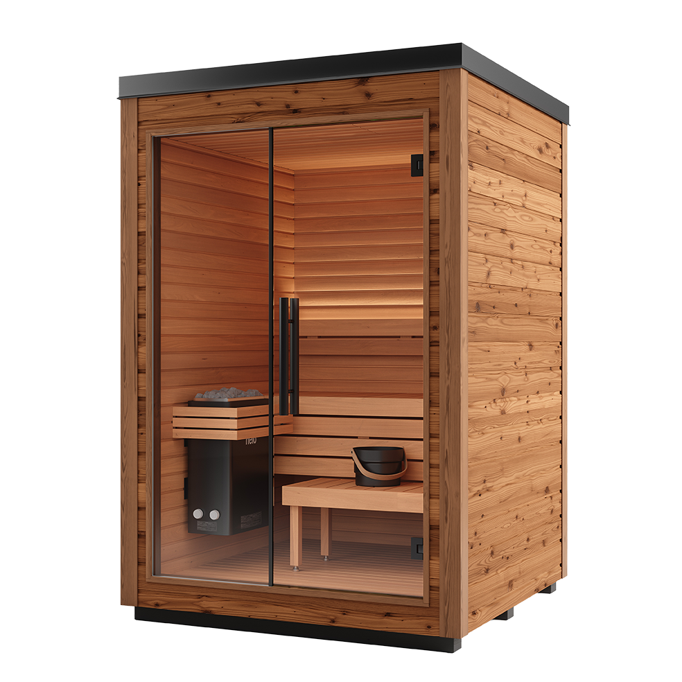 Wooden infrared sauna with interior view on a white background